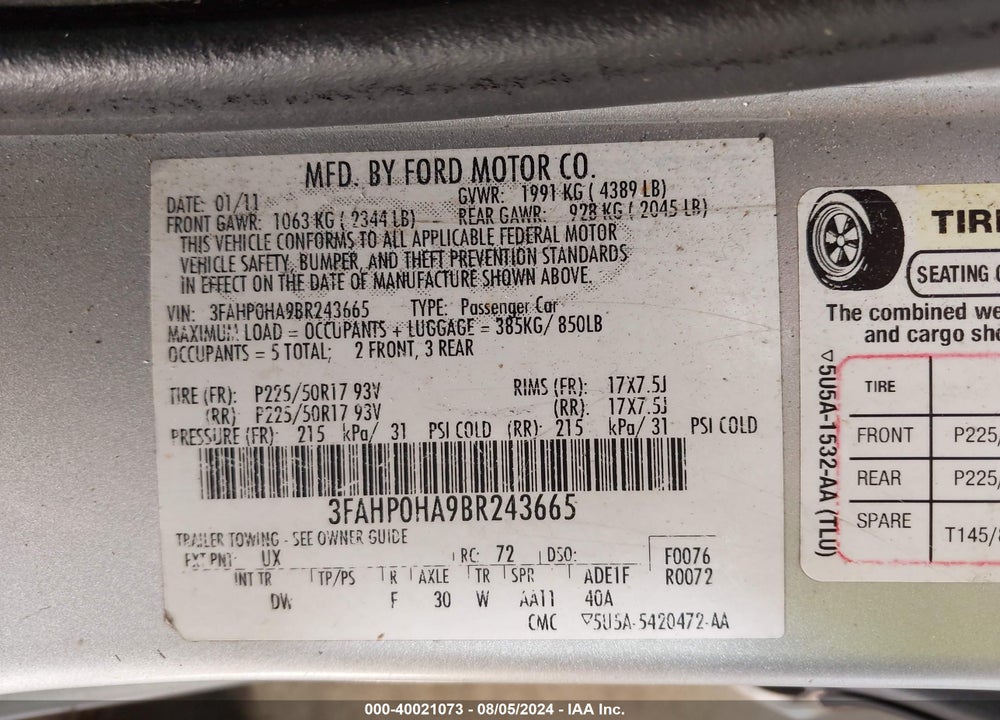 2011 FORD FUSION SE VIN: 3FAHP0HA9BR243665
