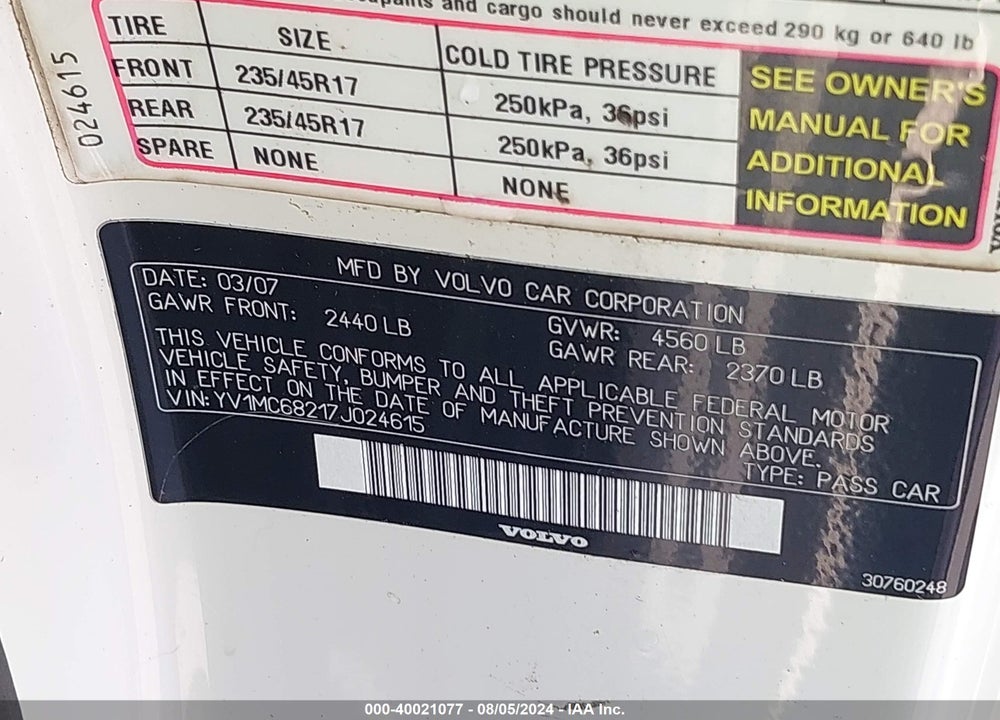 2007 VOLVO C70 T5 VIN: YV1MC68217J024615