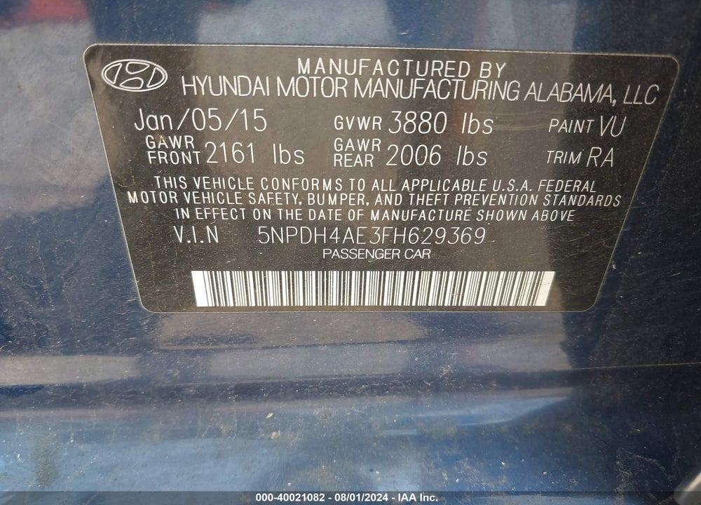 2015 HYUNDAI ELANTRA SE VIN: 5NPDH4AE3FH629369