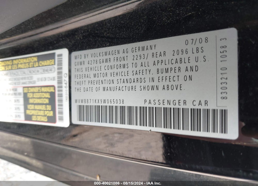 2009 VOLKSWAGEN RABBIT S VIN: WVWBB71KX9W065038