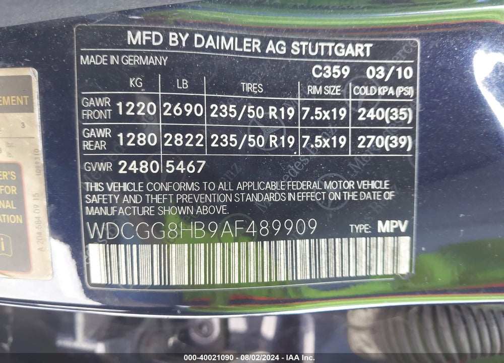 2010 MERCEDES-BENZ GLK 350 4MATIC VIN: WDCGG8HB9AF489909