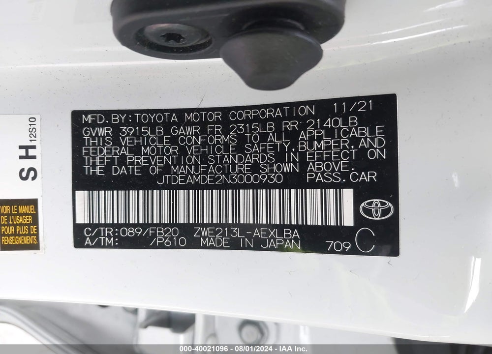 2022 TOYOTA COROLLA HYBRID LE VIN: JTDEAMDE2N3000930