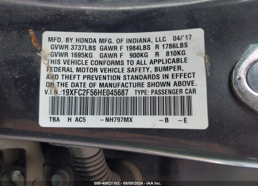 2017 HONDA CIVIC LX VIN: 19XFC2F56HE045687