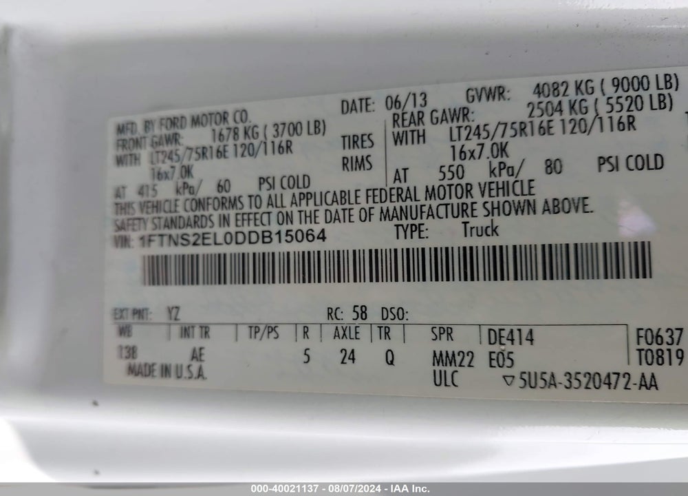 2013 FORD E-250 COMMERCIAL VIN: 1FTNS2EL0DDB15064