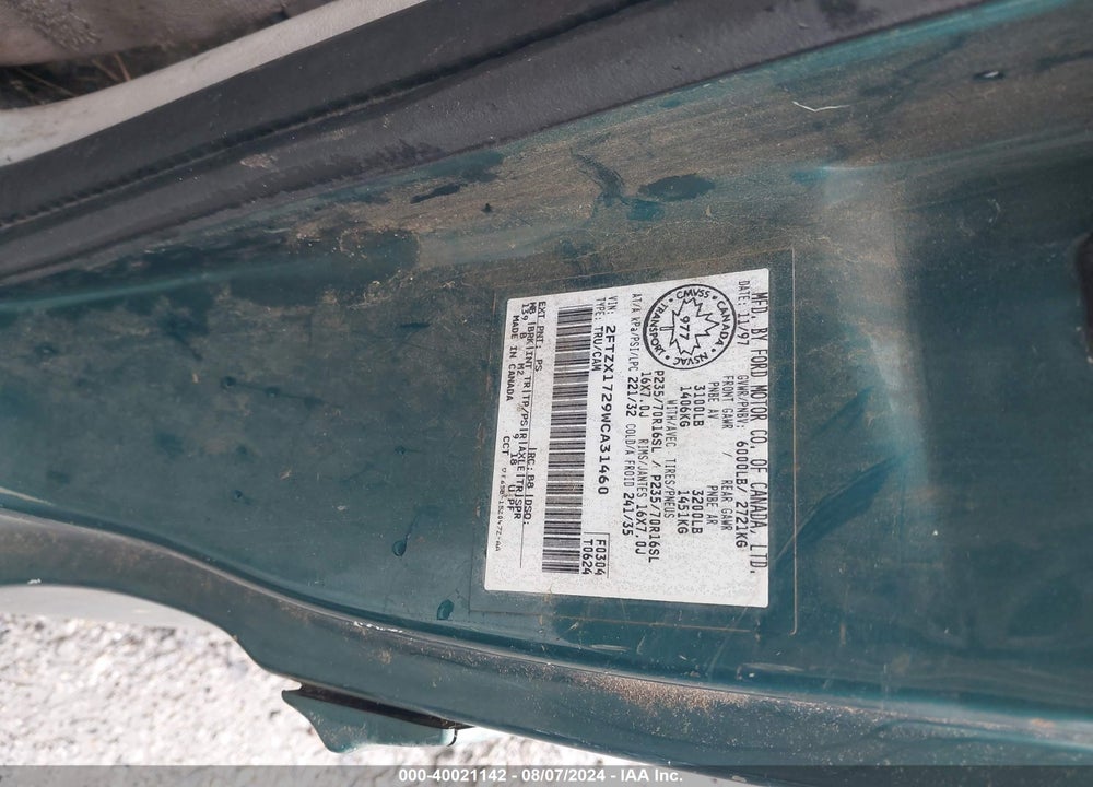 1998 FORD F-150 STANDARD/XL/XLT VIN: 2FTZX1729WCA31460