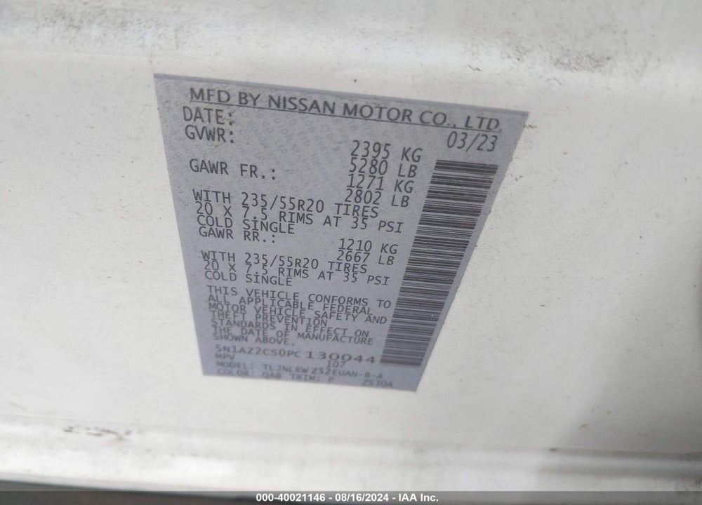 2023 NISSAN MURANO SL INTELLIGENT AWD VIN: 5N1AZ2CS0PC130044