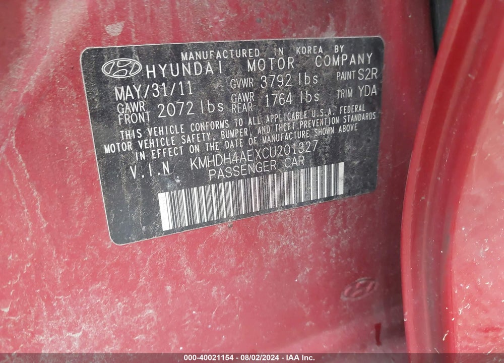 2012 HYUNDAI ELANTRA VIN: KMHDH4AEXCU201327
