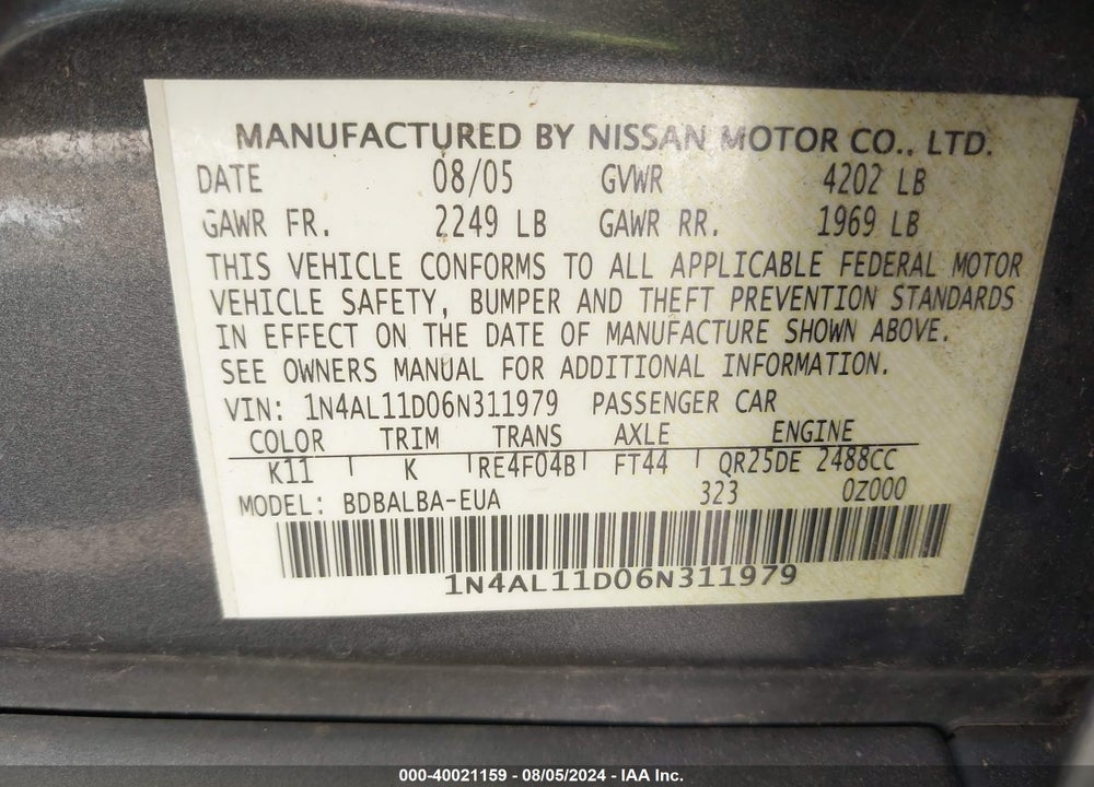 2006 NISSAN ALTIMA 2.5 S VIN: 1N4AL11D06N311979