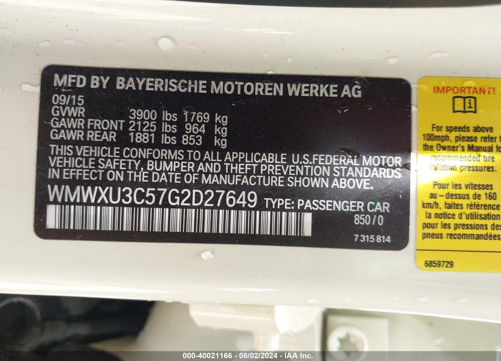 2016 MINI HARDTOP COOPER S VIN: WMWXU3C57G2D27649