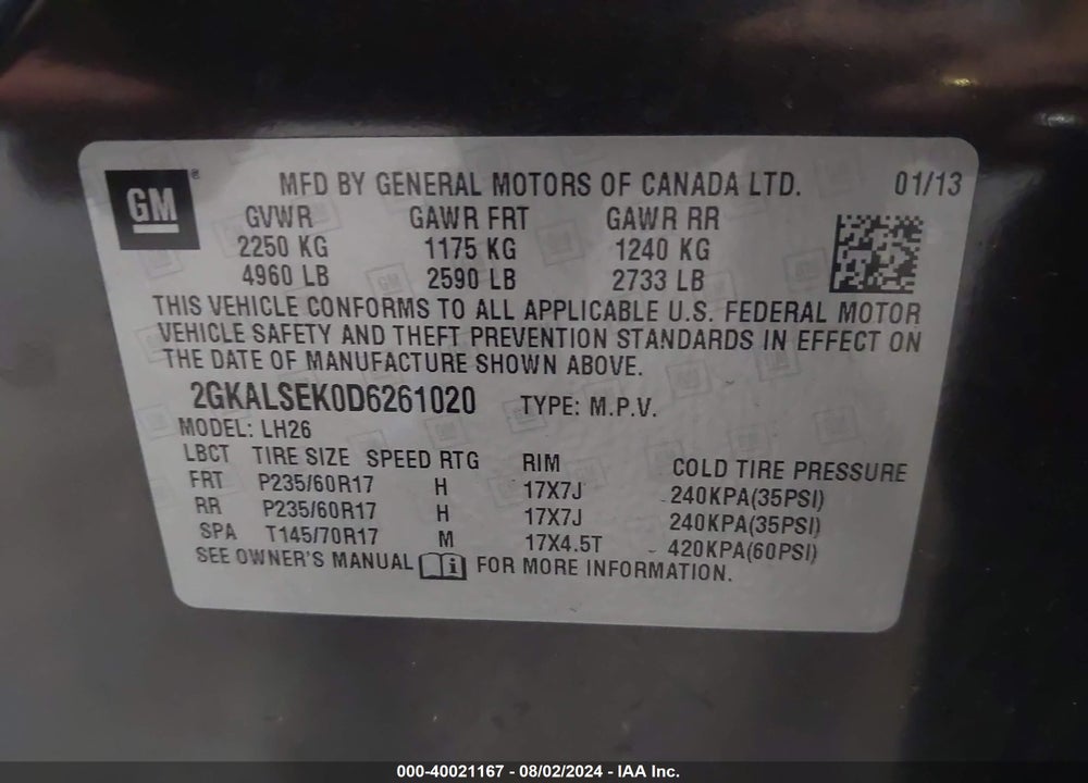2013 GMC TERRAIN SLE-2 VIN: 2GKALSEK0D6261020