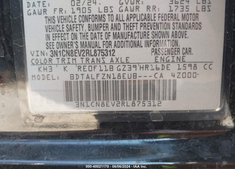 2024 NISSAN VERSA 1.6 SV VIN: 3N1CN8EV2RL875312