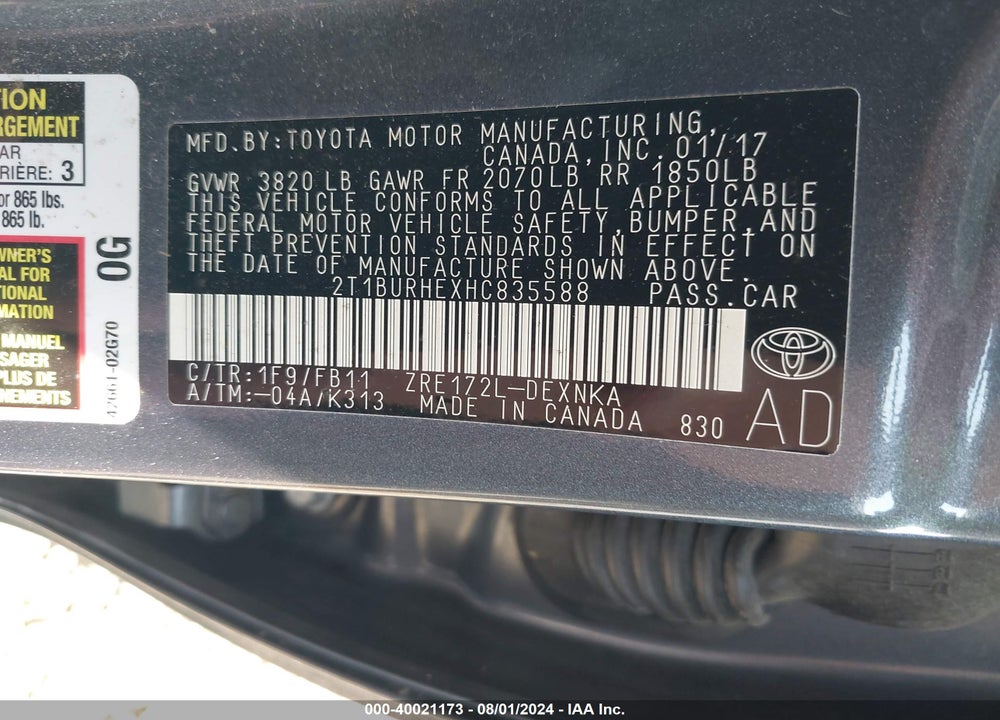 2017 TOYOTA COROLLA LE VIN: 2T1BURHEXHC835588