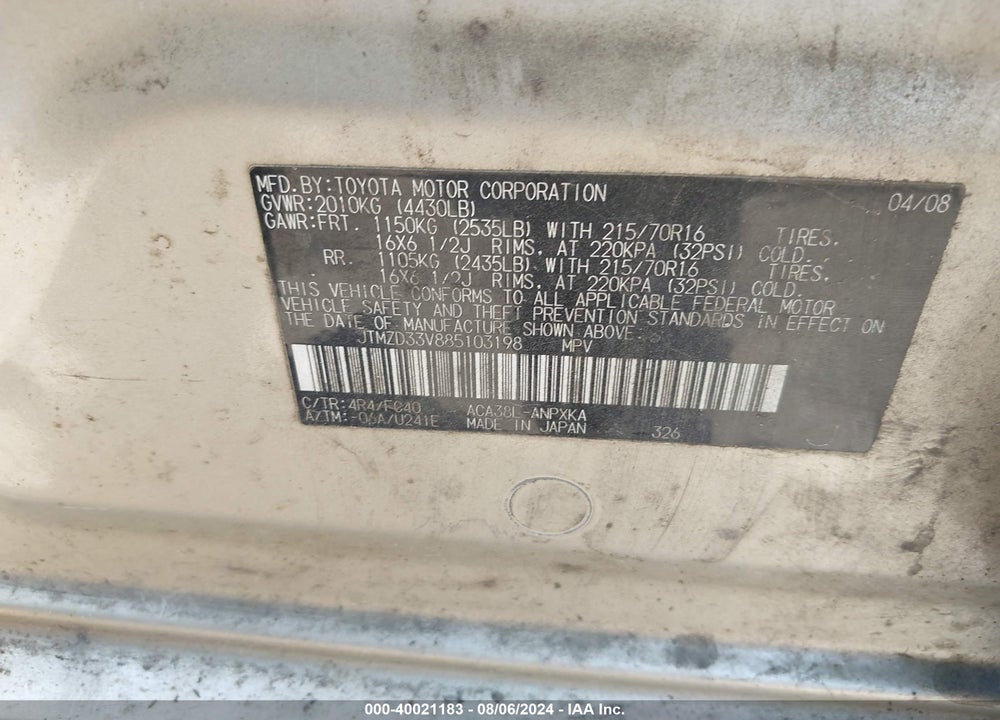 2008 TOYOTA RAV4 VIN: JTMZD33V885103198