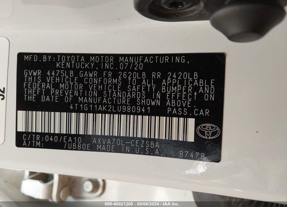 2020 TOYOTA CAMRY SE VIN: 4T1G11AK2LU980941