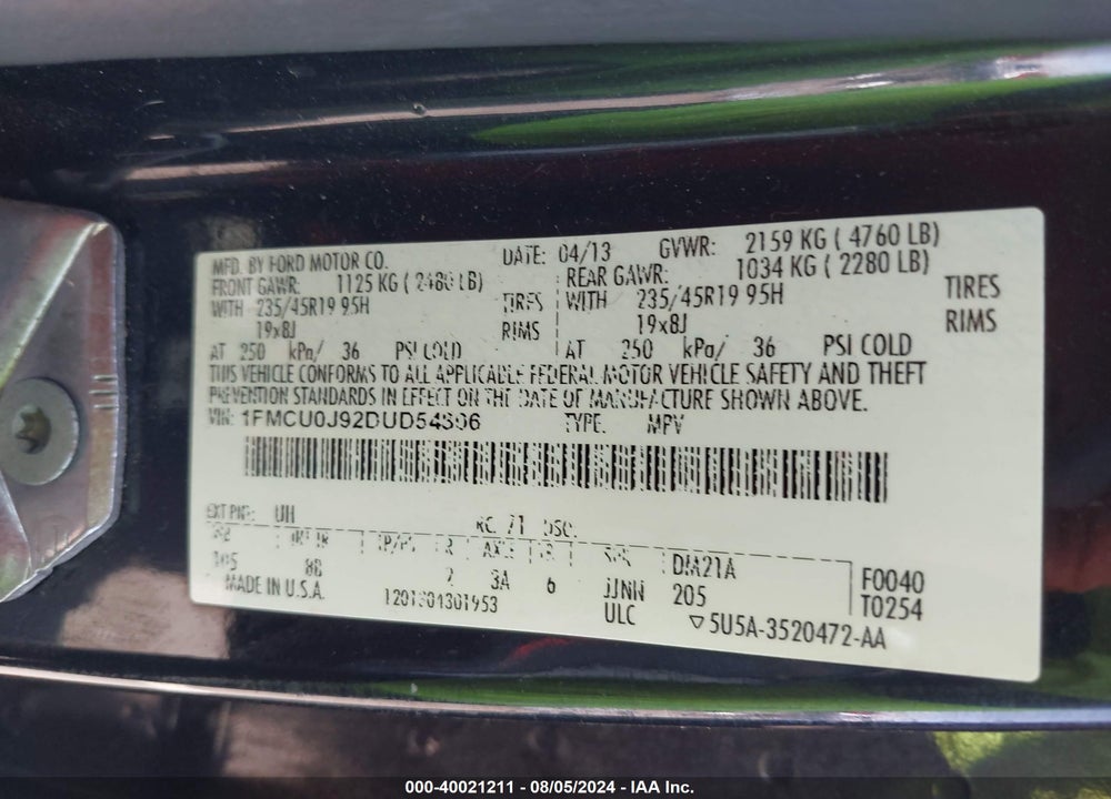 2013 FORD ESCAPE TITANIUM VIN: 1FMCU0J92DUD54806