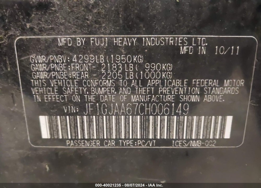 2012 SUBARU IMPREZA 2.0I VIN: JF1GJAA67CH006149
