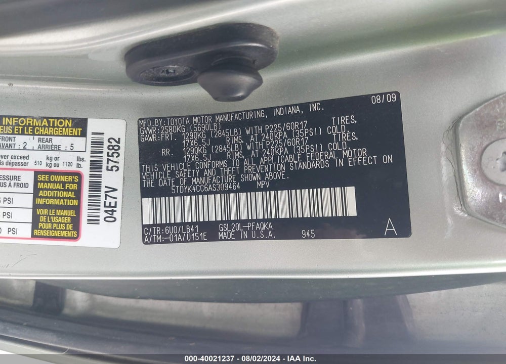 2010 TOYOTA SIENNA XLE VIN: 5TDYK4CC6AS309464