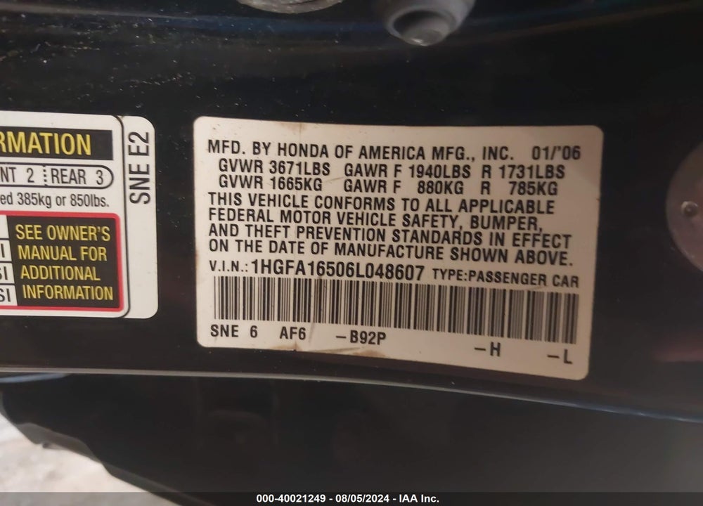 2006 HONDA CIVIC LX VIN: 1HGFA16506L048607