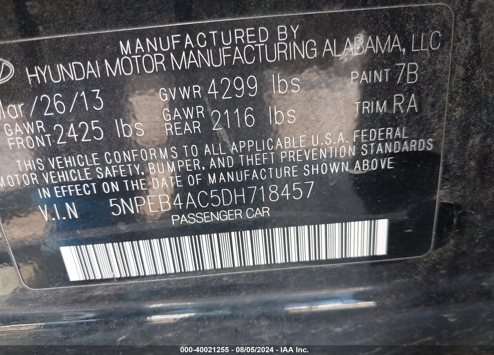 2013 HYUNDAI SONATA GLS VIN: 5NPEB4AC5DH718457