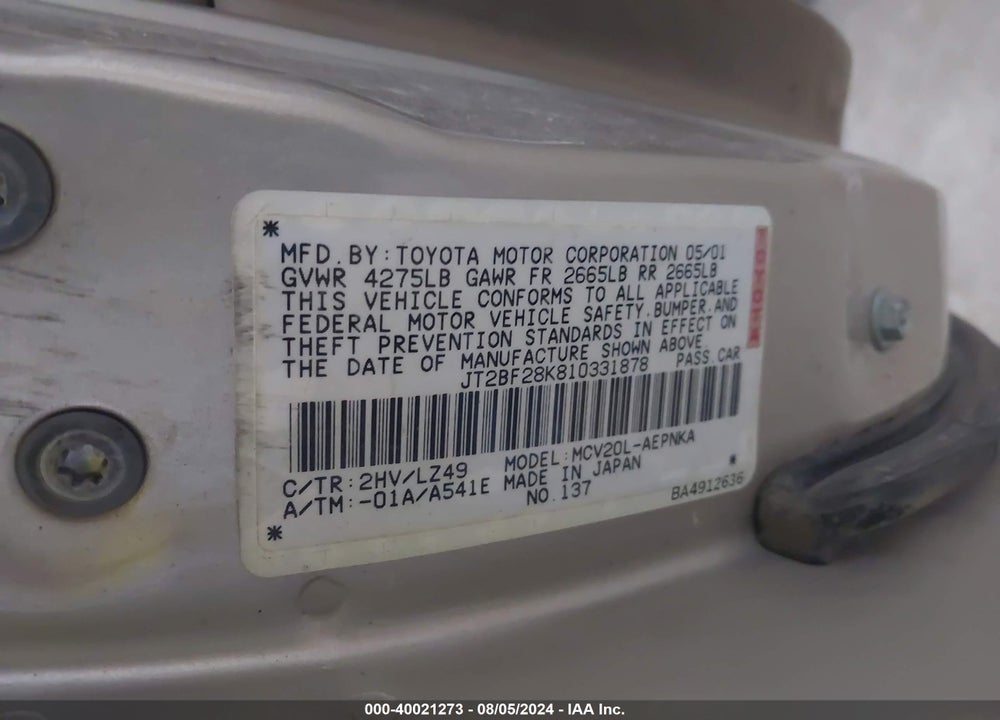2001 TOYOTA CAMRY VIN: JT2BF28K810331878