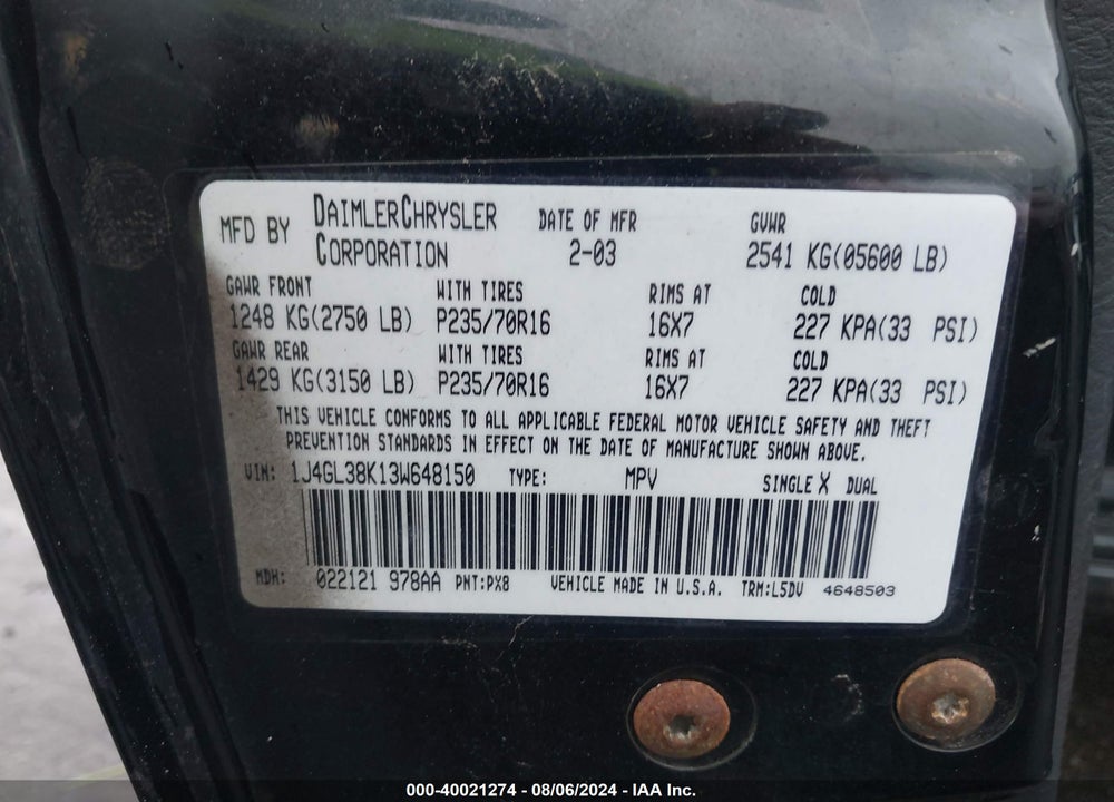 2003 JEEP LIBERTY RENEGADE VIN: 1J4GL38K13W648150