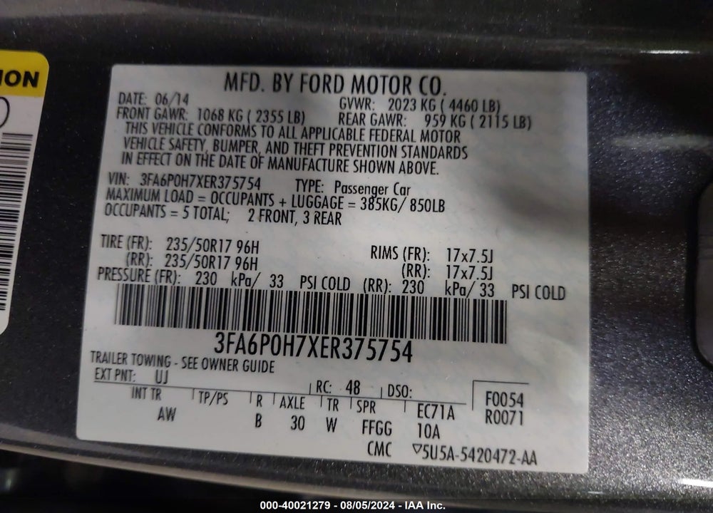 2014 FORD FUSION SE VIN: 3FA6P0H7XER375754