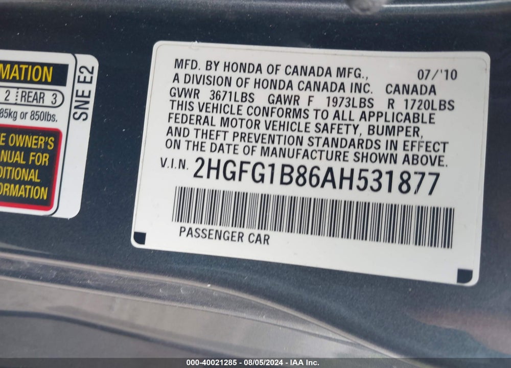 2010 HONDA CIVIC EX VIN: 2HGFG1B86AH531877