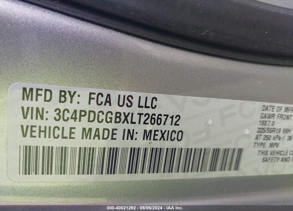 2020 DODGE JOURNEY CROSSROAD VIN: 3C4PDCGBXLT266712