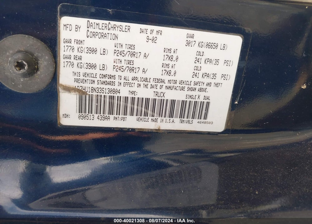 2003 DODGE RAM 1500 SLT/LARAMIE/ST VIN: 1D7HU18N33S130804