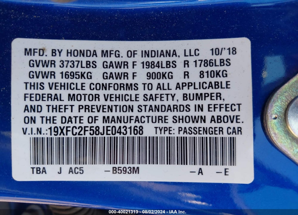 2018 HONDA CIVIC LX VIN: 19XFC2F58JE043168