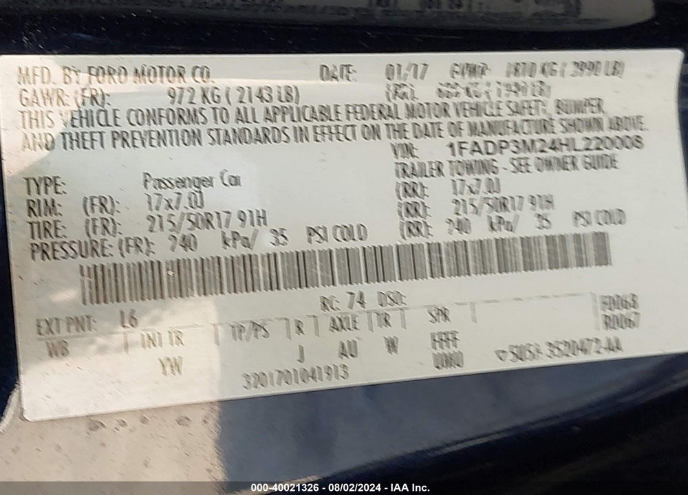 2017 FORD FOCUS SEL VIN: 1FADP3M24HL220008