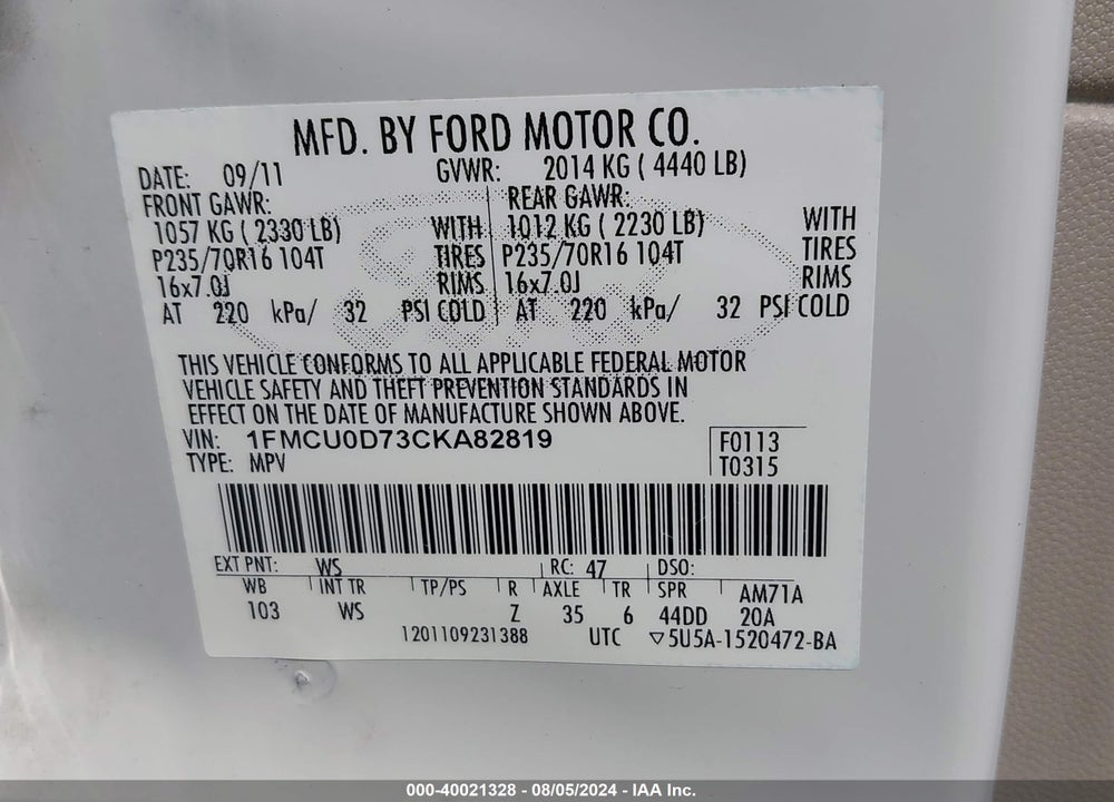 2012 FORD ESCAPE XLT VIN: 1FMCU0D73CKA82819