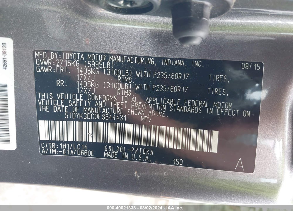 2015 TOYOTA SIENNA XLE 8 PASSENGER VIN: 5TDYK3DC0FS644431
