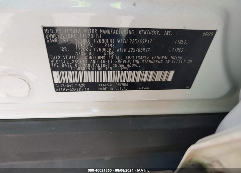 2020 TOYOTA RAV4 HYBRID XLE VIN: 4T3R6RFV9LU001130