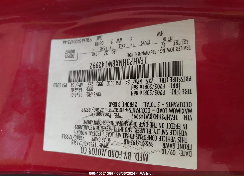 2011 FORD FOCUS SEL VIN: 1FAHP3HNXBW142992