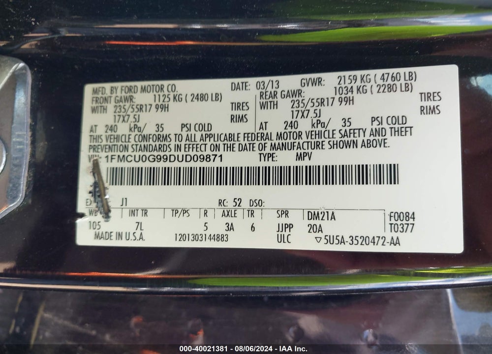 2013 FORD ESCAPE SE VIN: 1FMCU0G99DUD09871