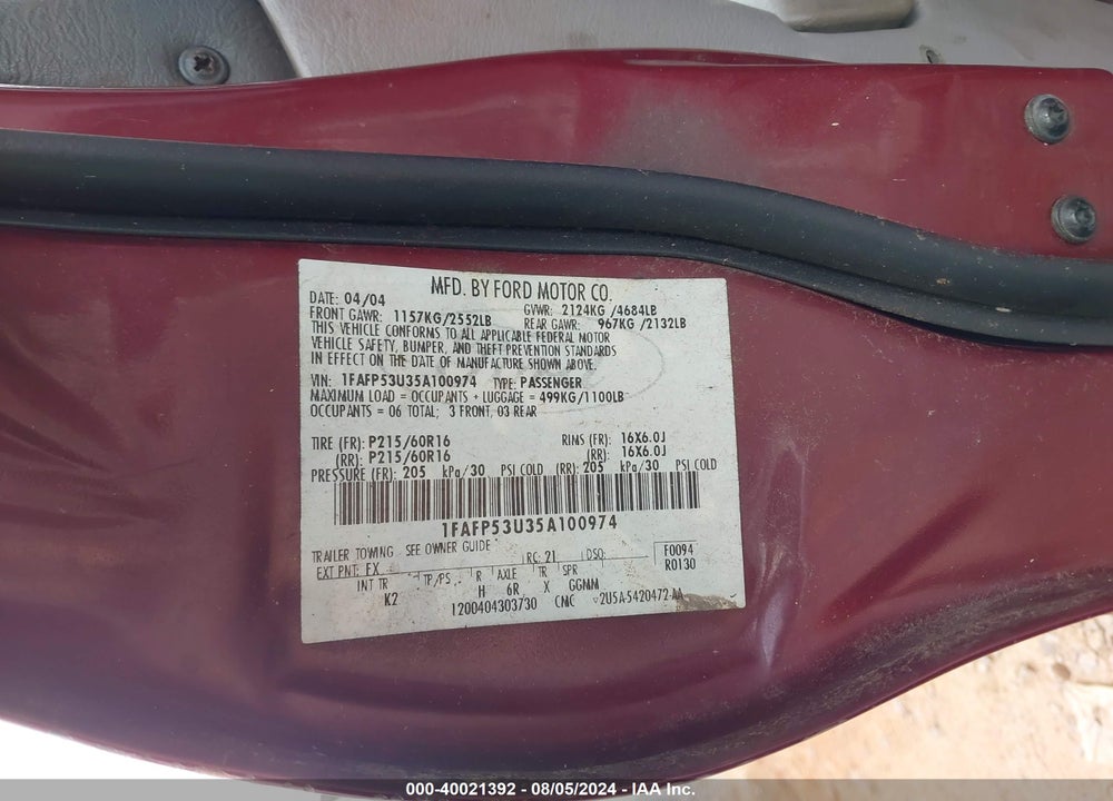 2005 FORD TAURUS SE VIN: 1FAFP53U35A100974
