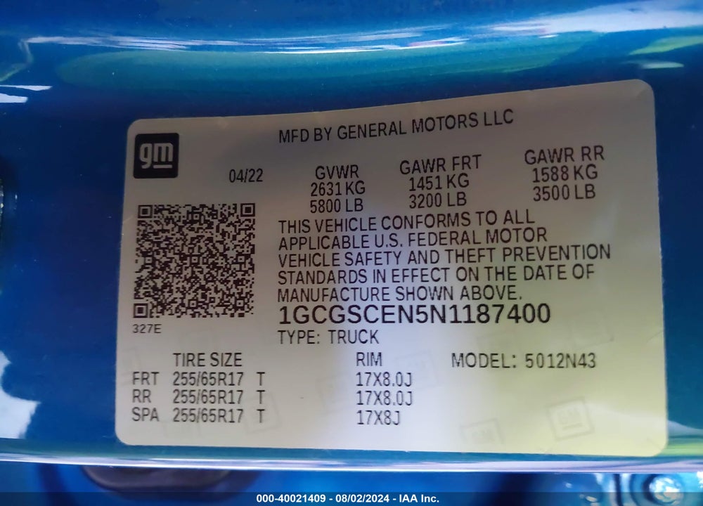 2022 CHEVROLET COLORADO 2WD SHORT BOX LT VIN: 1GCGSCEN5N1187400