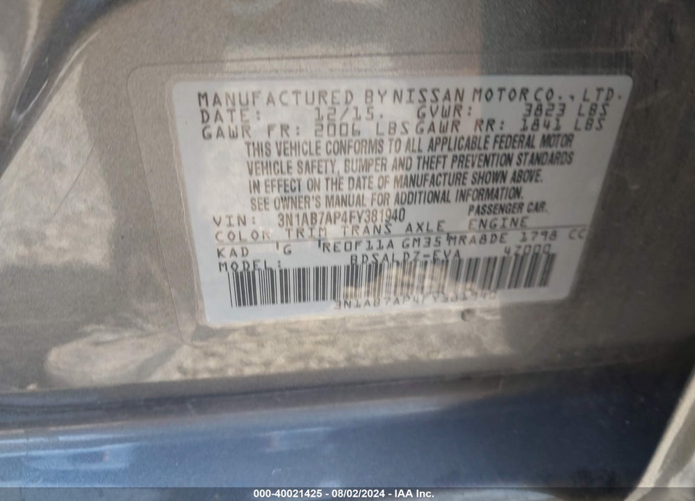 2015 NISSAN SENTRA SV VIN: 3N1AB7AP4FY381940