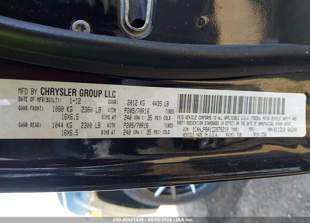 2012 JEEP PATRIOT SPORT VIN: 1C4NJPBA1CD579210