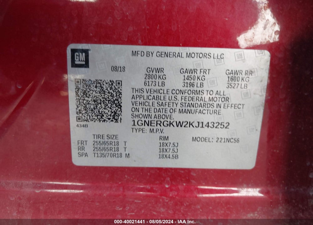 2019 CHEVROLET TRAVERSE 1LT VIN: 1GNERGKW2KJ143252