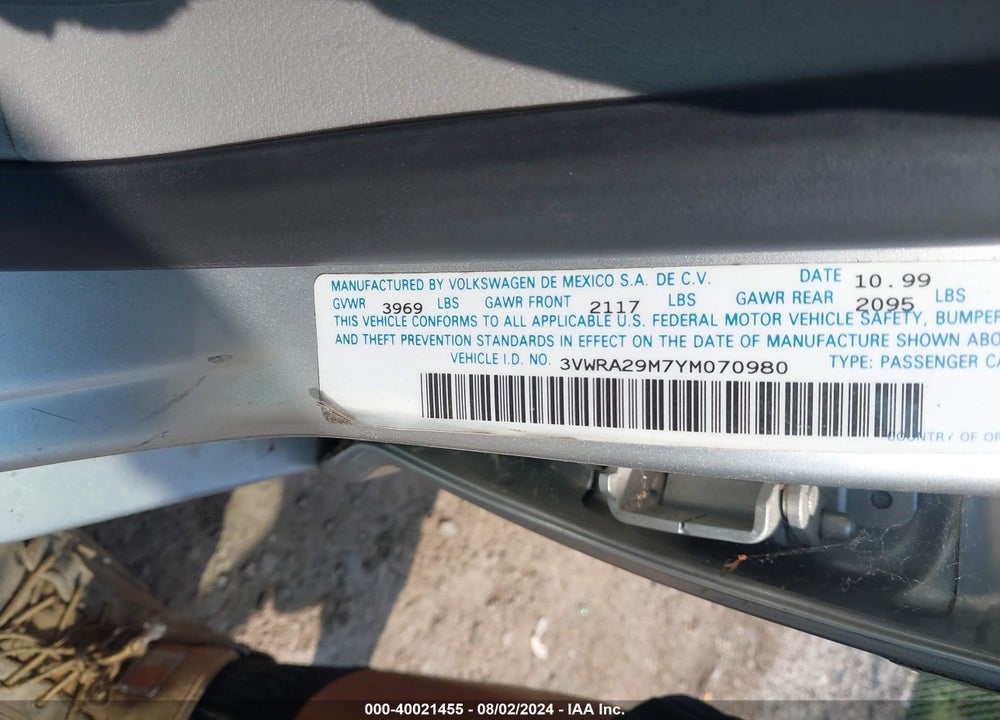 2000 VOLKSWAGEN JETTA GL VIN: 3VWRA29M7YM070980