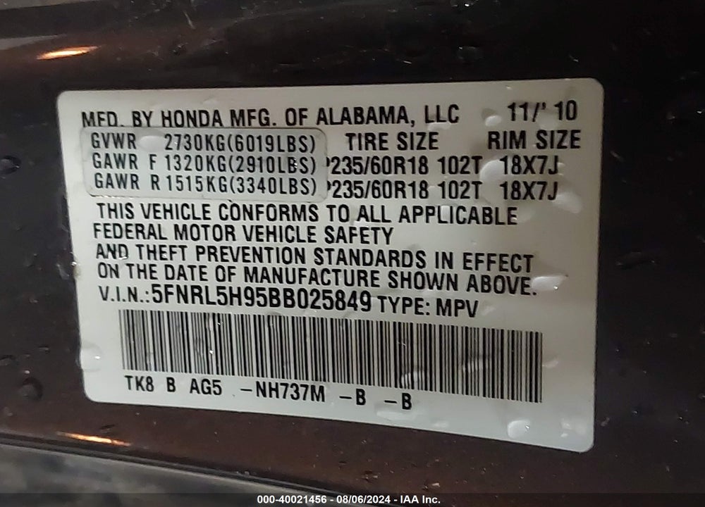 2011 HONDA ODYSSEY TOURING/TOURING ELITE VIN: 5FNRL5H95BB025849