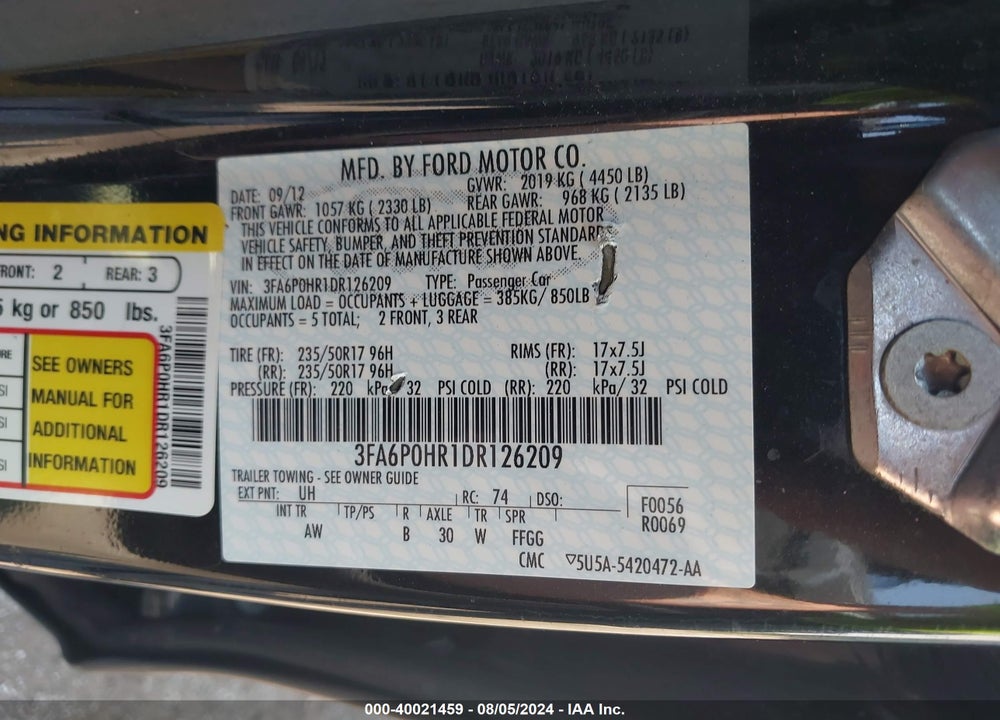 2013 FORD FUSION SE VIN: 3FA6P0HR1DR126209