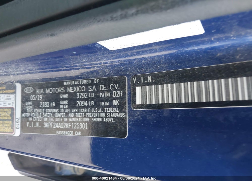 2019 KIA FORTE LXS VIN: 3KPF24AD2KE125301