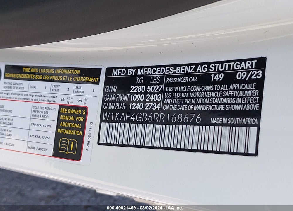 2024 MERCEDES-BENZ C 300 VIN: W1KAF4GB6RR168676