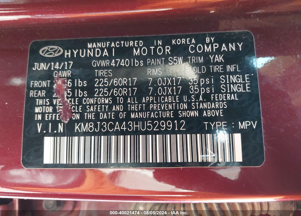 2017 HYUNDAI TUCSON SE PLUS VIN: KM8J3CA43HU529912