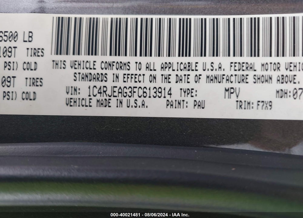 2015 JEEP GRAND CHEROKEE LAREDO VIN: 1C4RJEAG3FC613914