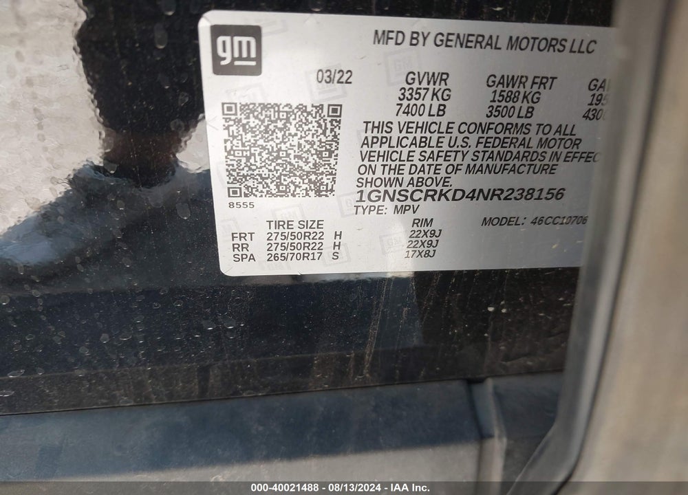 2022 CHEVROLET TAHOE 2WD RST VIN: 1GNSCRKD4NR238156
