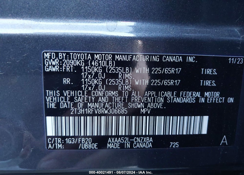 2024 TOYOTA RAV4 LE VIN: 2T3H1RFV8RW306685
